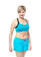 Mature woman in sportswear on white background. Weight loss concept