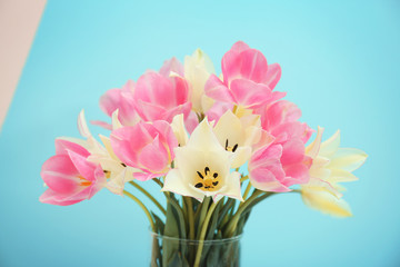 Beautiful bouquet of fresh tulips on color background