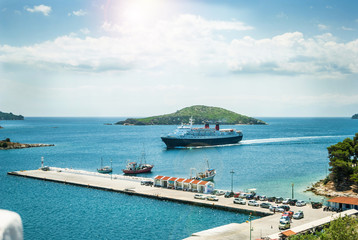 The blue sea with yachts and boats on the water, Skiathos, Greece