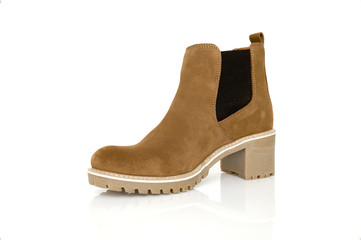 Female Brown Boot on White Background, Isolated Product, Top View, Studio.