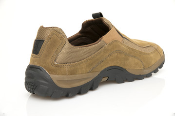 Male Brown Shoe on White Background, Isolated Product, Top View, Studio.