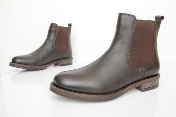 Female Brown Boot on White Background, Isolated Product, Top View, Studio.