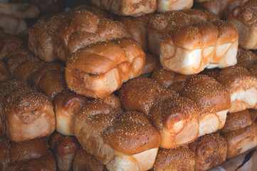 Bakery products on the market. Top view. Close-up