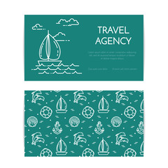 Traveling horizontal banner with sailboat on waves. Seamless pattern with sea rest accessories for trip, tourism, travel agency, hotels business card.