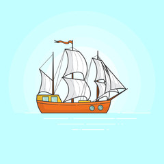 Fototapeta na wymiar Color ship with white sails in the sea. Sailboat on waves for trip, tourism, travel agency, hotels,vacation card,banner