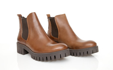 Female Brown Boot on White Background, Isolated Product, Top View, Studio.