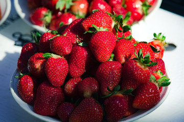 fresh red strawberry in plates on table, summer harvest