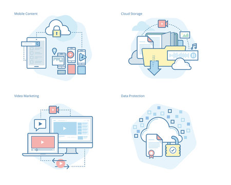 Set of concept line icons for mobile services and solutions, cloud storage, video marketing, data protection. UI/UX kit for web design, applications, mobile interface, infographics and print design. 