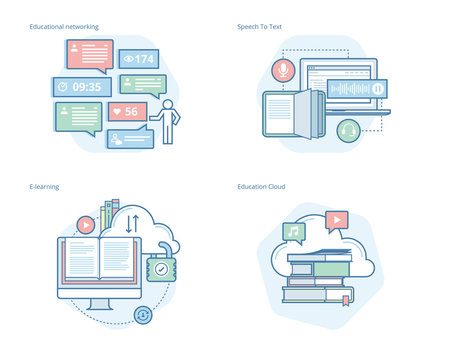 Set of concept line icons for education apps, networking, e-learning, education cloud. UI/UX kit for web design, applications, mobile interface, infographics and print design. 