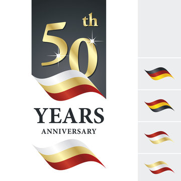 Anniversary 50 th years celebrating logo white gold red ribbon