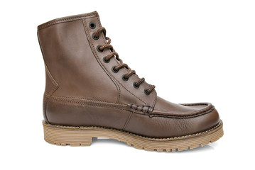 male Brown Boot on White Background, Isolated Product, Top View, Studio.