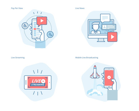 Set of concept line icons for live streaming, mobile broadcasting, pay per view, online video, news. UI/UX kit for web design, applications, mobile interface, infographics and print design. 