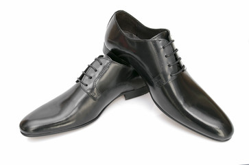 Male Black Shoe on White Background, Isolated Product, Top View, Studio.