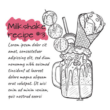 Recipe of milkshake N3, smoothie with cookies, ice cream, fruits and berries. Vector handdrawn illustration.