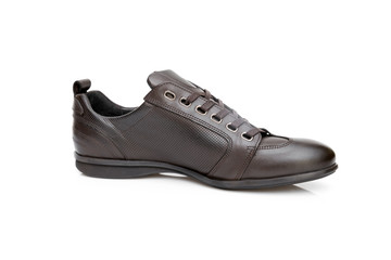 Male Brown Shoe on White Background, Isolated Product, Top View, Studio.