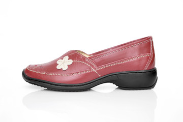 Female Red Shoe on White Background, Isolated Product, Top View, Studio.