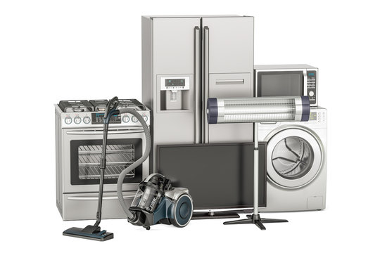 Set of household appliances. Washing machine, fridge, gas stove, microwave oven, tv set and vacuum cleaner. 3D rendering
