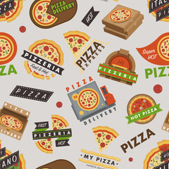 Delivery pizza logo badge pizzeria restaurant service fast food vector illustration seamless pattern background
