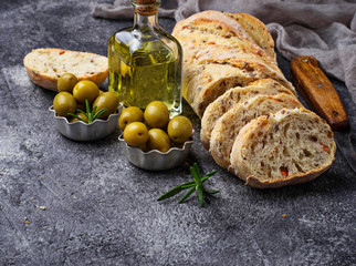 Italian ciabatta bread with olives.