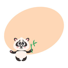 Cute and funny smiling baby panda character holding bamboo branch in paw, cartoon vector illustration with space for text. Cute little panda bear character, mascot with bamboo leaves