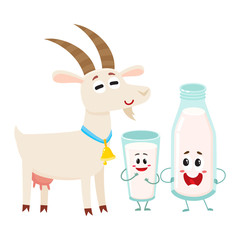 Funny farm goat and milk bottle characters with smiling human faces, cartoon vector illustration isolated on white background. Cute and funny goat and milk bottle characters, standing and smiling