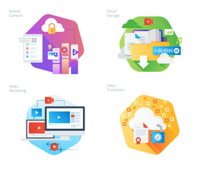Fototapeta premium Material design icons set for mobile services and solutions, cloud storage, video marketing, data protection. UI/UX kit for web design, applications, mobile interface, infographics and print design. 
