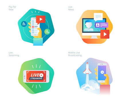 Material design icons set for live streaming, mobile broadcasting, pay per view, online video, news. UI/UX kit for web design, applications, mobile interface, infographics and print design. 