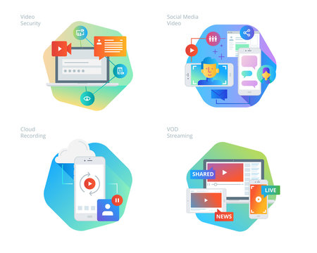 Material design icons set for social media video, cloud recording, VOD streaming, video security, online video streaming. UI/UX kit for web design, applications, mobile interface, print design. 