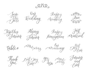 Handwritten set for design wedding invitations, photo overlays, cards. Calligraphy