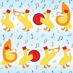 Duck Marching Band Seamless Pattern - A repeating pattern of ducks with marching band instruments.