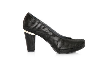 Female Black Shoe on White Background, Isolated Product, Top View, Studio.