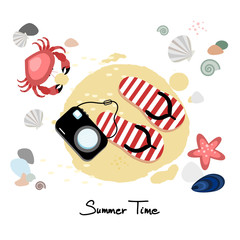 Summer time greeting card, invitation, beach background,crab, shell, starfish, camera and sandals. Vector illustration background.