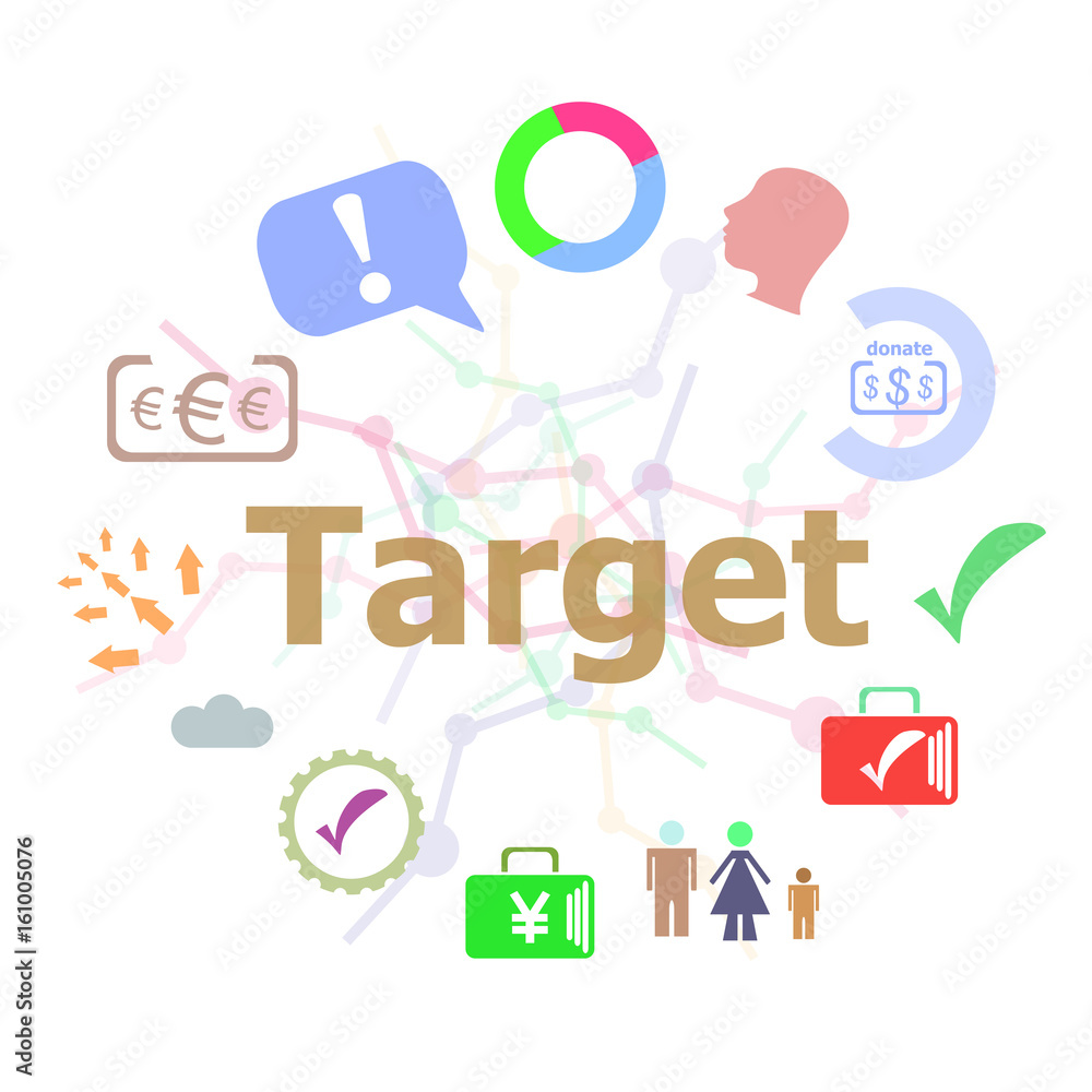 Poster text target. advertising concept . set of line icons and word typography on background