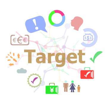 Text target. Advertising concept . Set of line icons and word typography on background