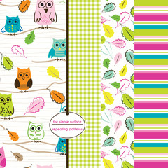 Owl seamless pattern set with coordinating gingham, leaf and stripe print. Repeating patterns for fabric, kids apparel, baby shower, paper, gift wrap, scrapbooking and more. 