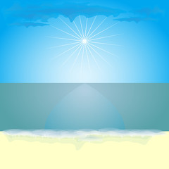 Landscape of a sunny, hot day at sea. Background for desktop or design with space for text. Vector