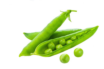 green peas and pod on white background