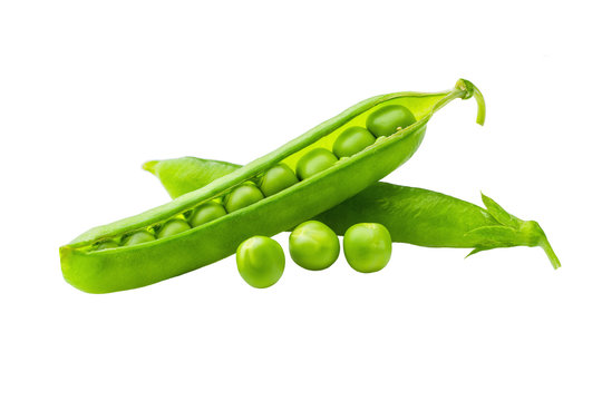 green peas and pod on white background