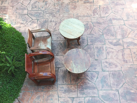 Aerial view of garden with wooden furniture