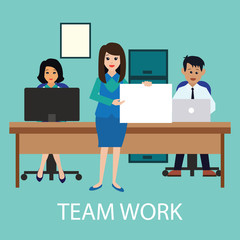 business concept / team work showing team work man and woman while working in room with office interior, vector illustration