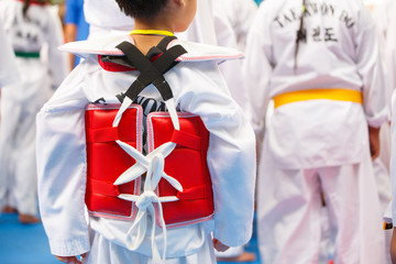 Taekwondo athlete in white uniform with armour