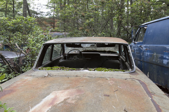 Wrecked vehicles in junkyard