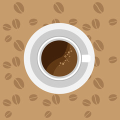 Cup of coffee on brown background with coffee grains