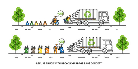 Refuse truck with recycle garbage bags vector illustration. Dustman takes out rubbish bins and bags to garbage truck line art concept. Refuse collector removes garbage graphic design.
