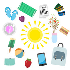 Bright summer icons on white background