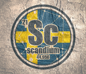 Obraz premium Scandium chemical element. Sign with atomic number and atomic weight. Chemical element of periodic table. Connected lines with dots. Flag of Sweden. Concrete grunge texture