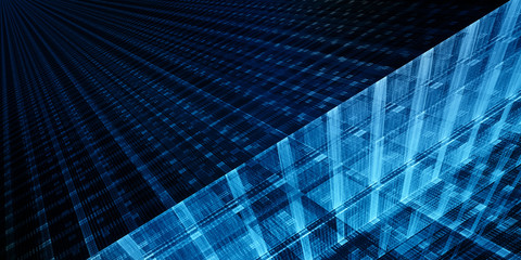 Abstract background element. Fractal graphics series. Three-dimensional composition of repeating grids. Information technology concept. Blue and black colors.