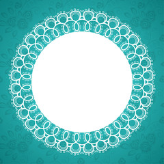Round lace frame with a place for text. Background for wedding invitation, greeting card. Vector Illustration