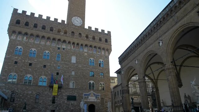Florence, April 2017: Replica of Syrian Palmyras Arch of Triumph in Piazza della Signoria near Old Palace Palazzo Vecchio , on April 2017 in Florence, Tuscany, Italy
