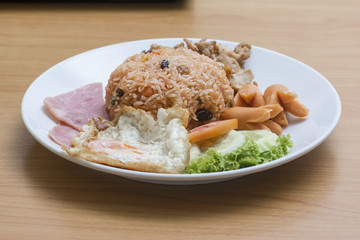 Mixed Fried Rice on Wooden Table.